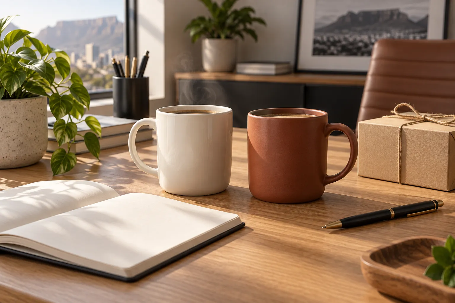 Ceramic coffee mugs, a notebook and gift packaging on a desk